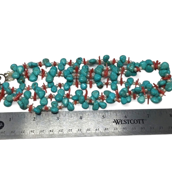 16" Turquoise, Coral & Pearl necklace on 925 Sterling Silver - Picture 5 of 8